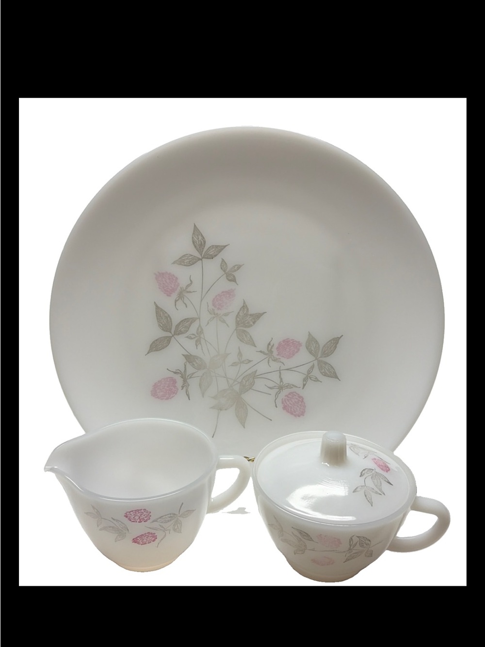 Vintage Federal Pink Clover Milk Glass 11” platter & creamer & sugar